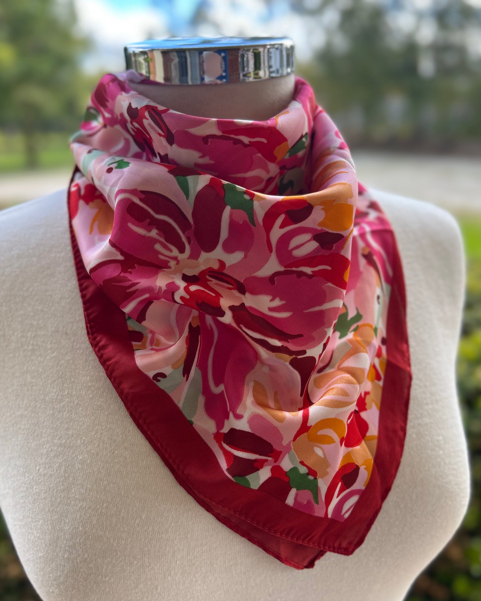 Satin Neck Scarf - Dark Pink Floral
