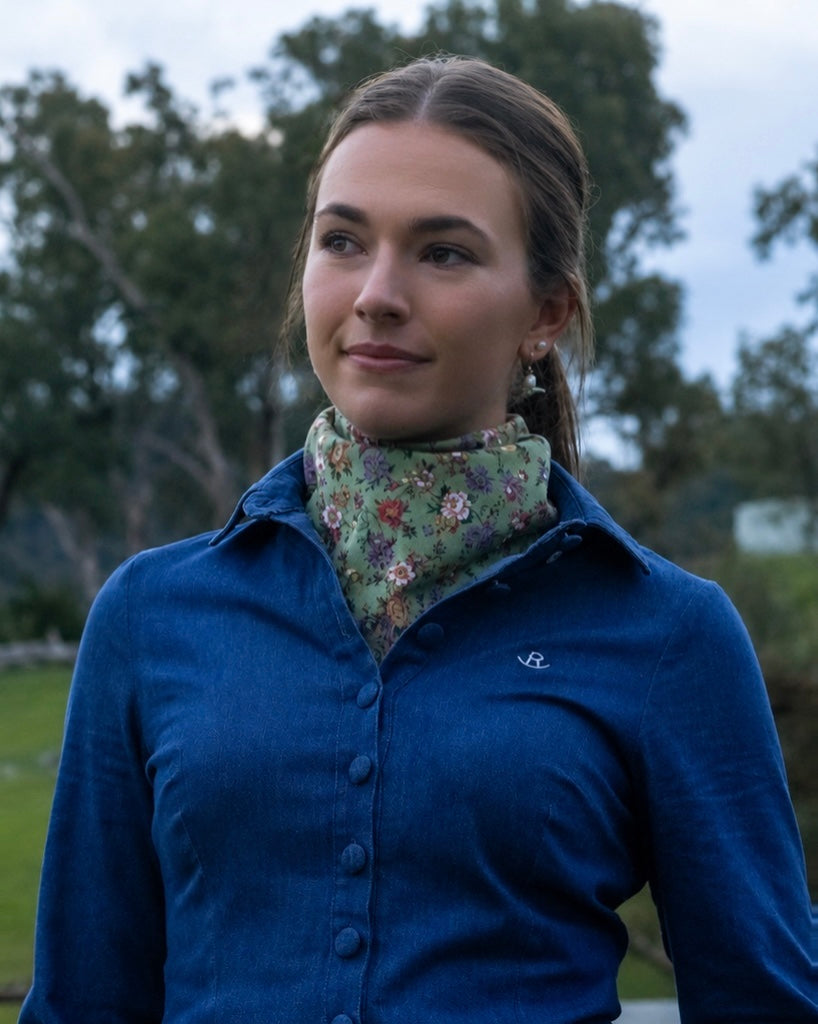 Cotton Neck Scarf - Green Roses