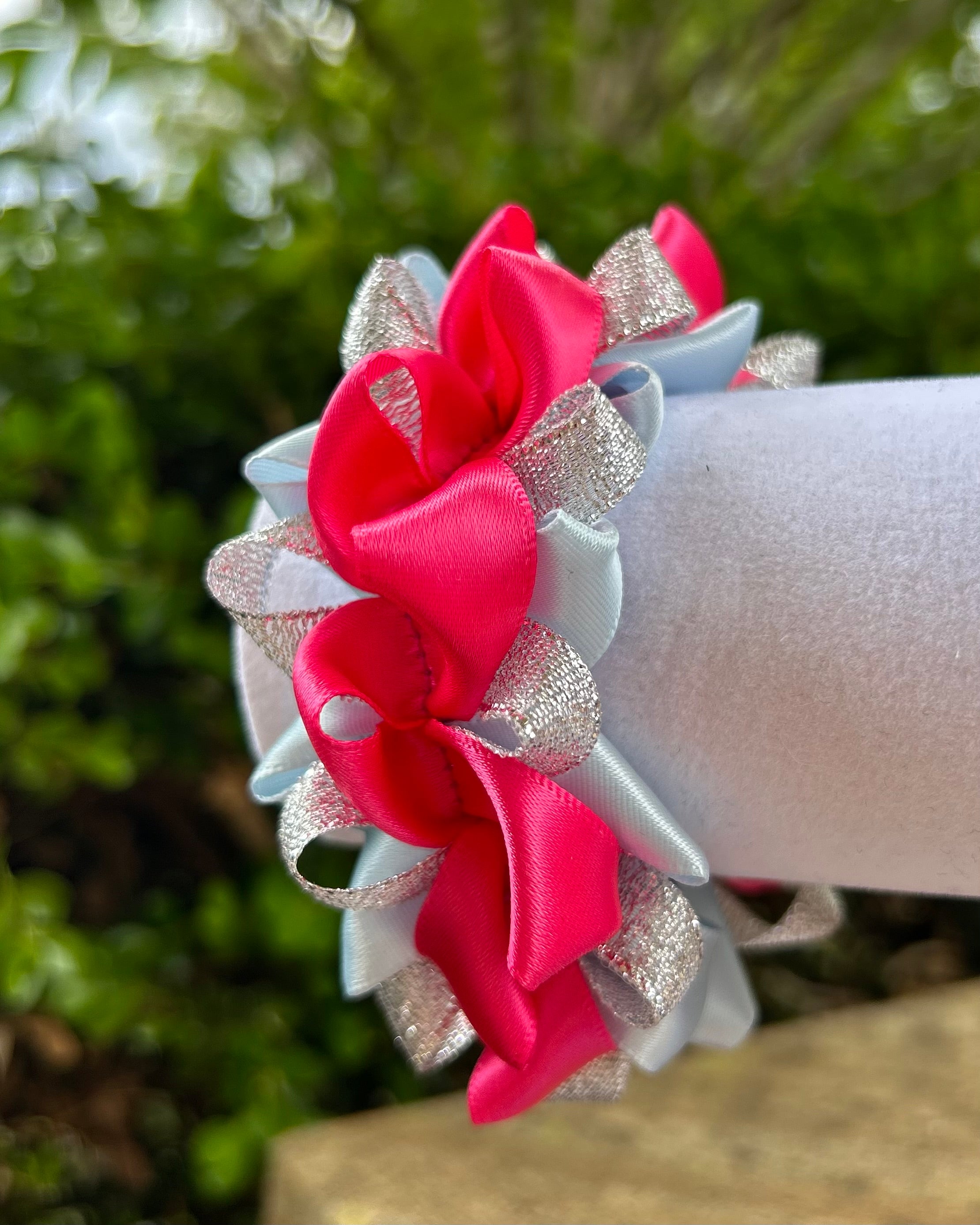 Ribbon Scrunchie - Baby Blue, Silver & Pink