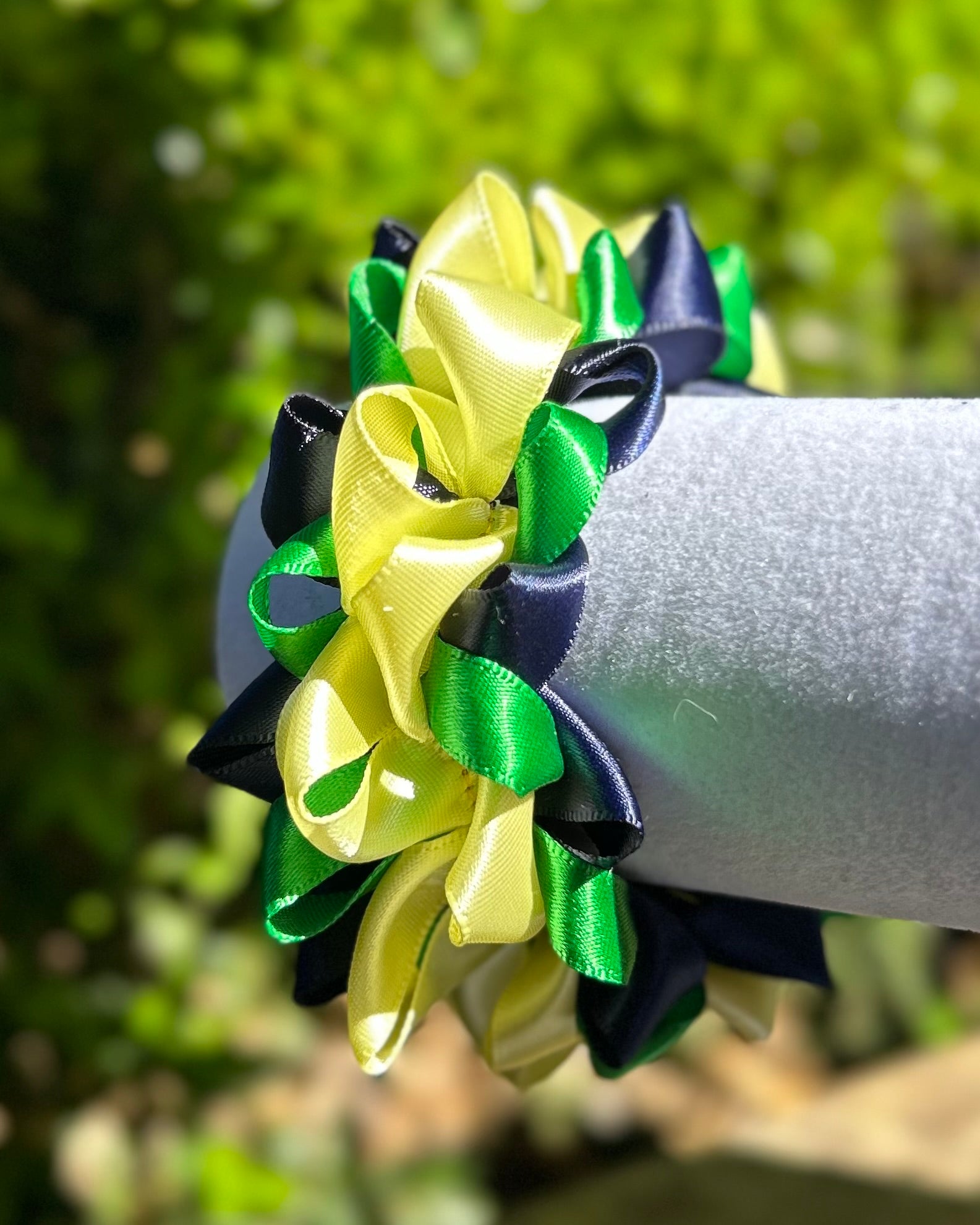 Ribbon Scrunchie - Navy, Green & Lemon Yellow