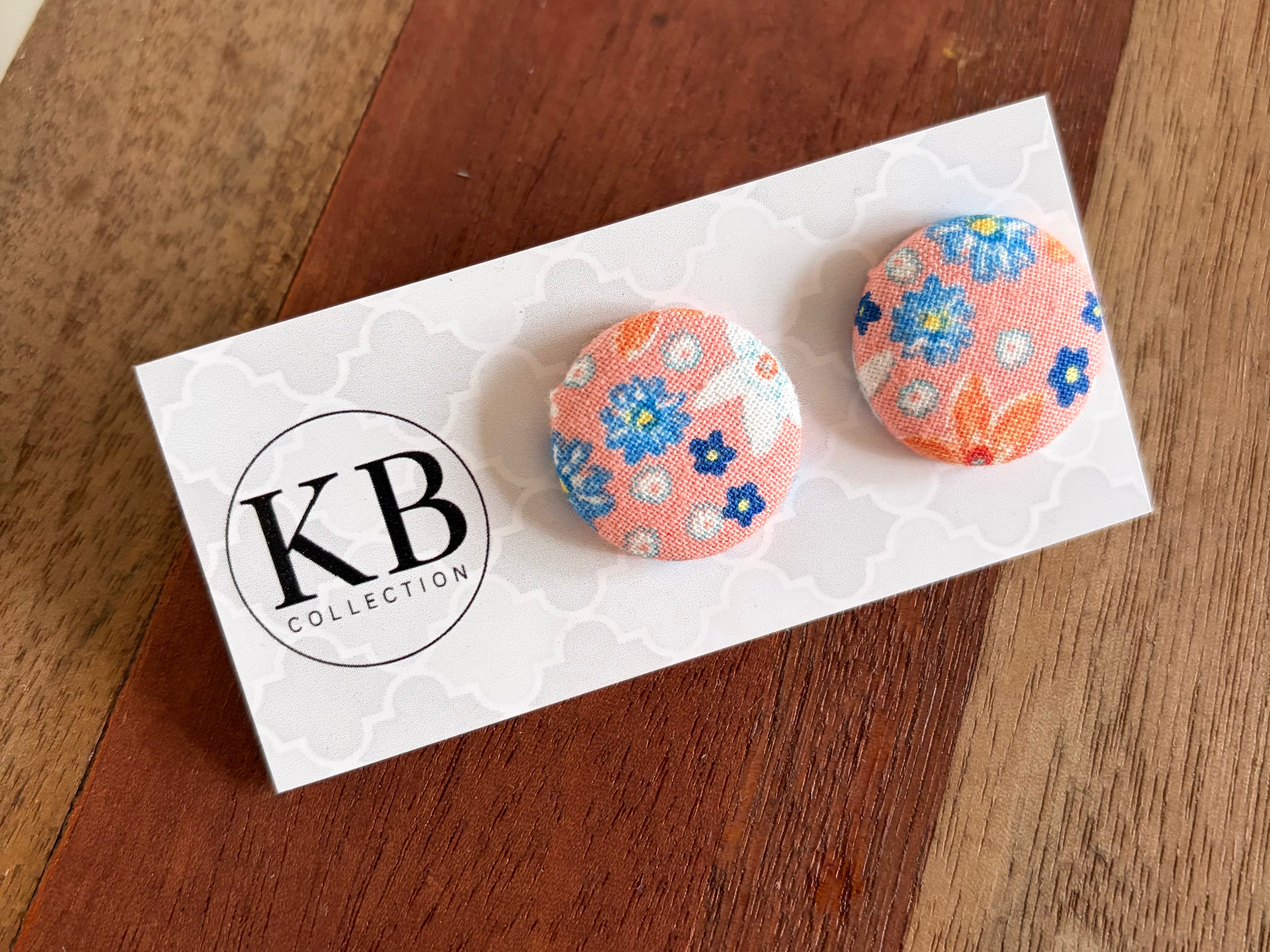 Fabric Button Earrings - Peach Floral