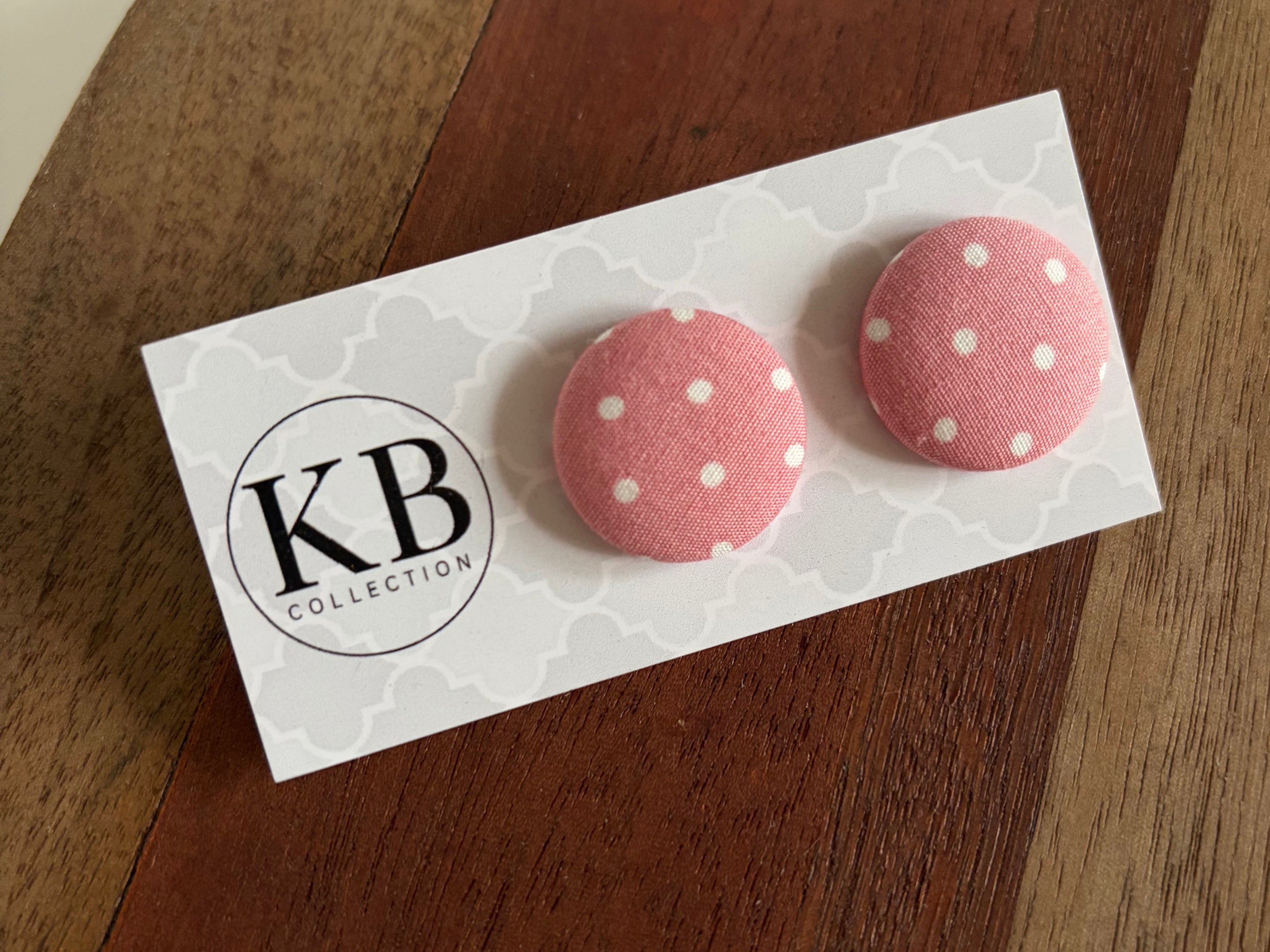 Fabric Button Earrings - Mushroom Pink Polkadot