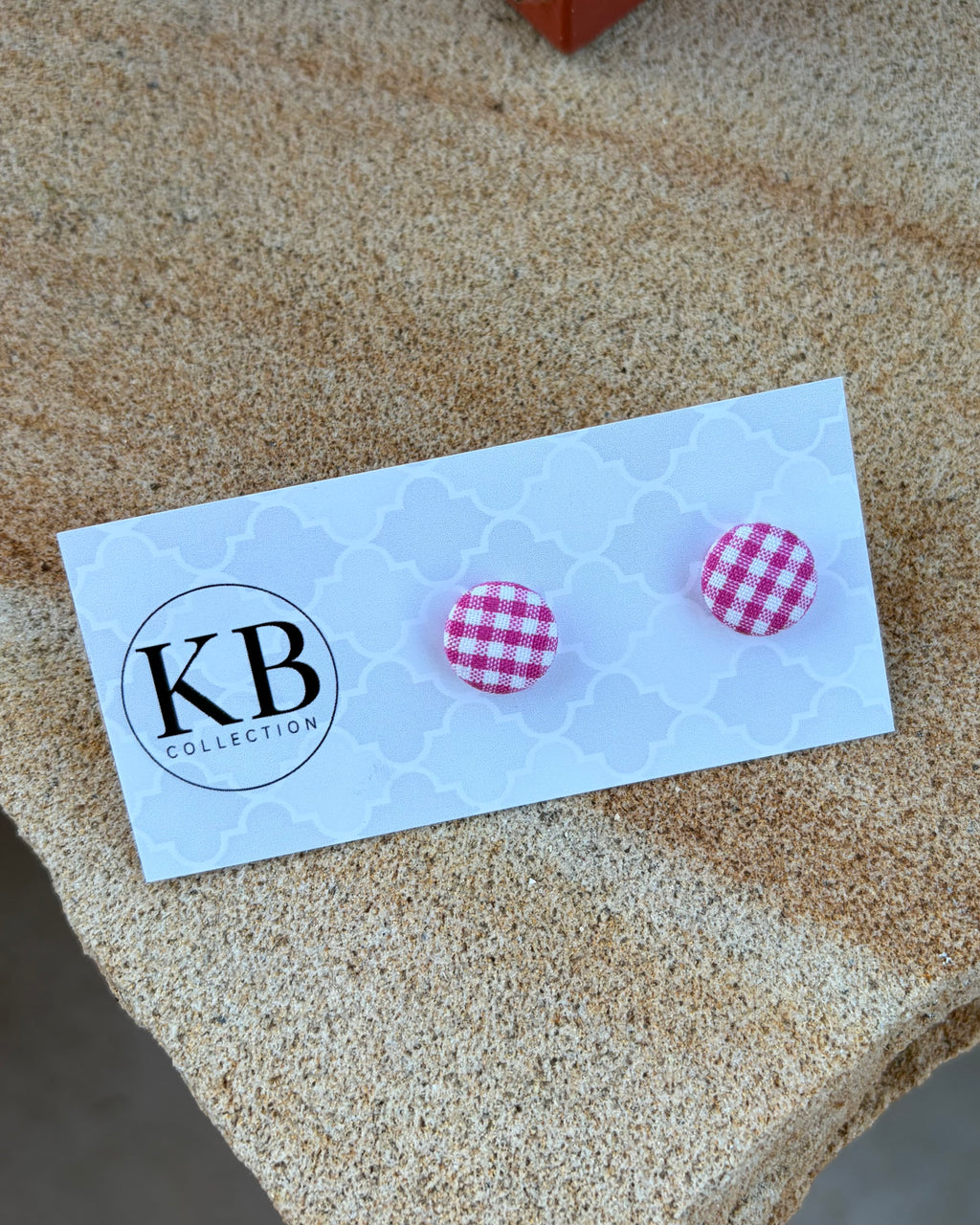 Fabric Button Earrings - Hot Pink Gingham