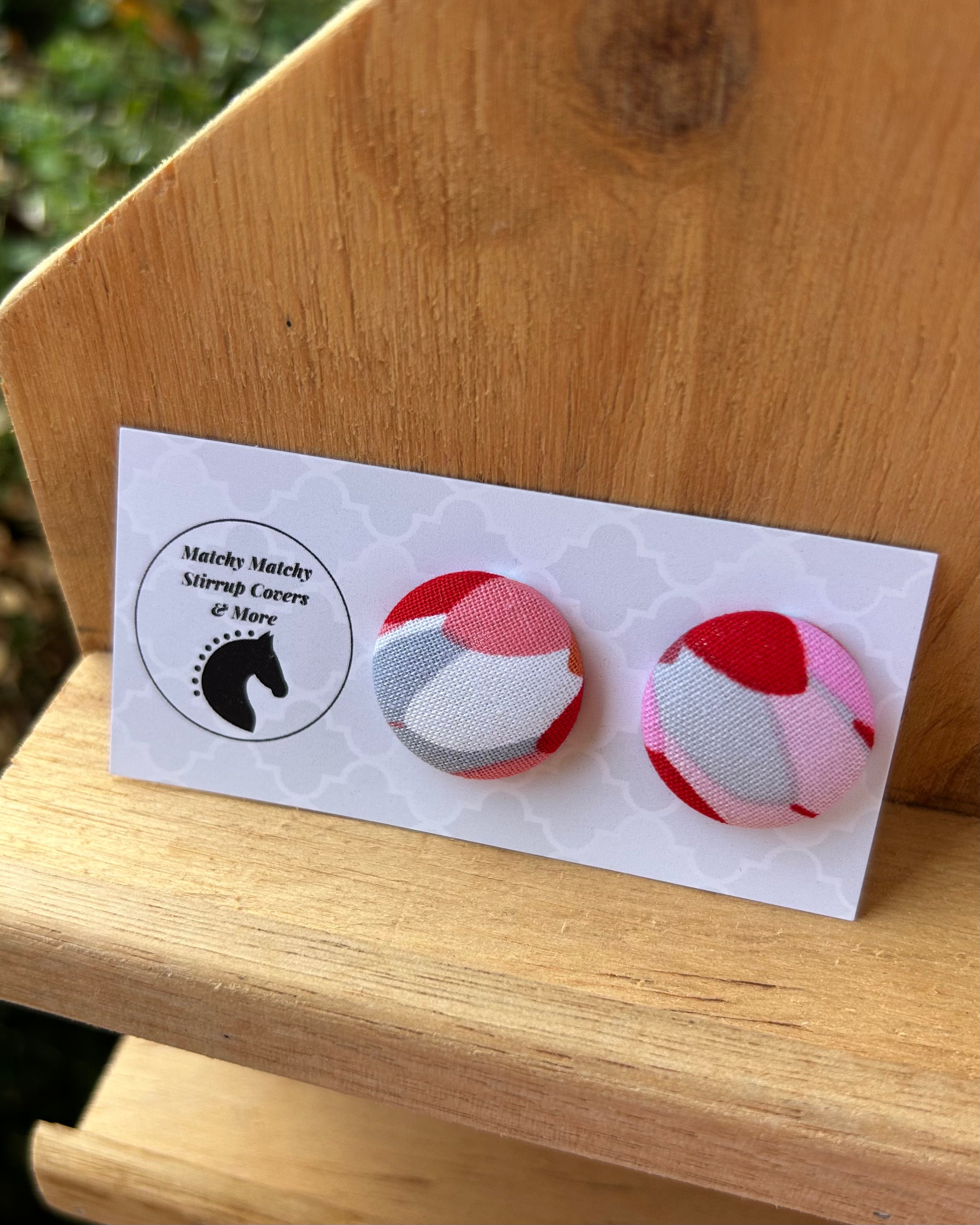 Fabric Button Earrings - Pink & Grey