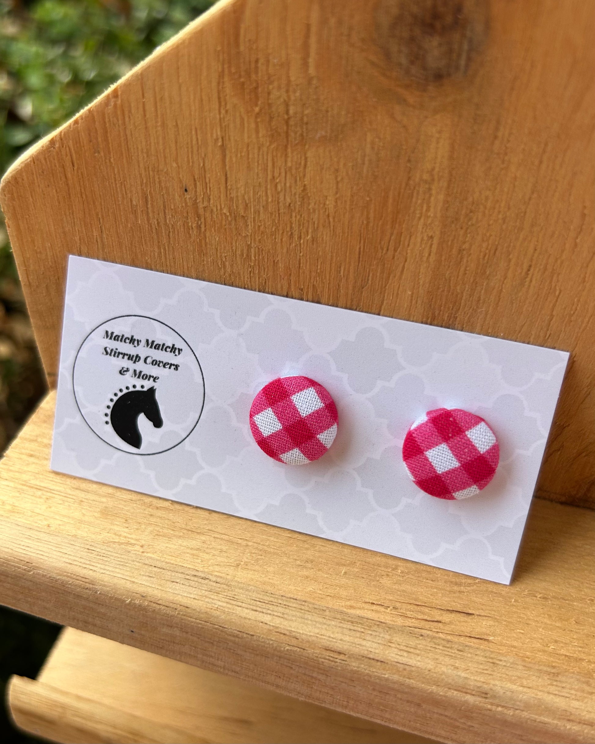 Fabric Button Earrings - Pink Gingham