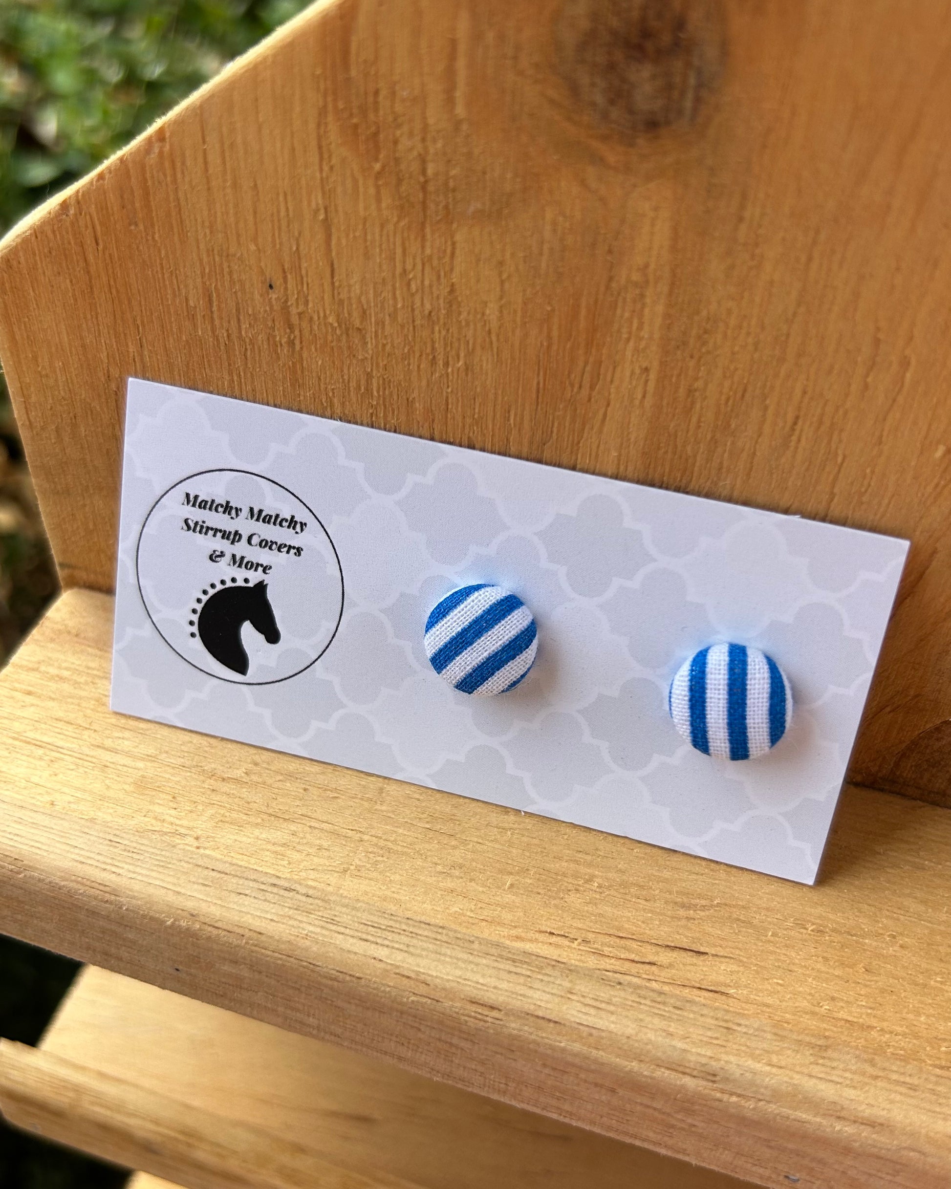 Fabric Button Earrings - Blue & White Stripe