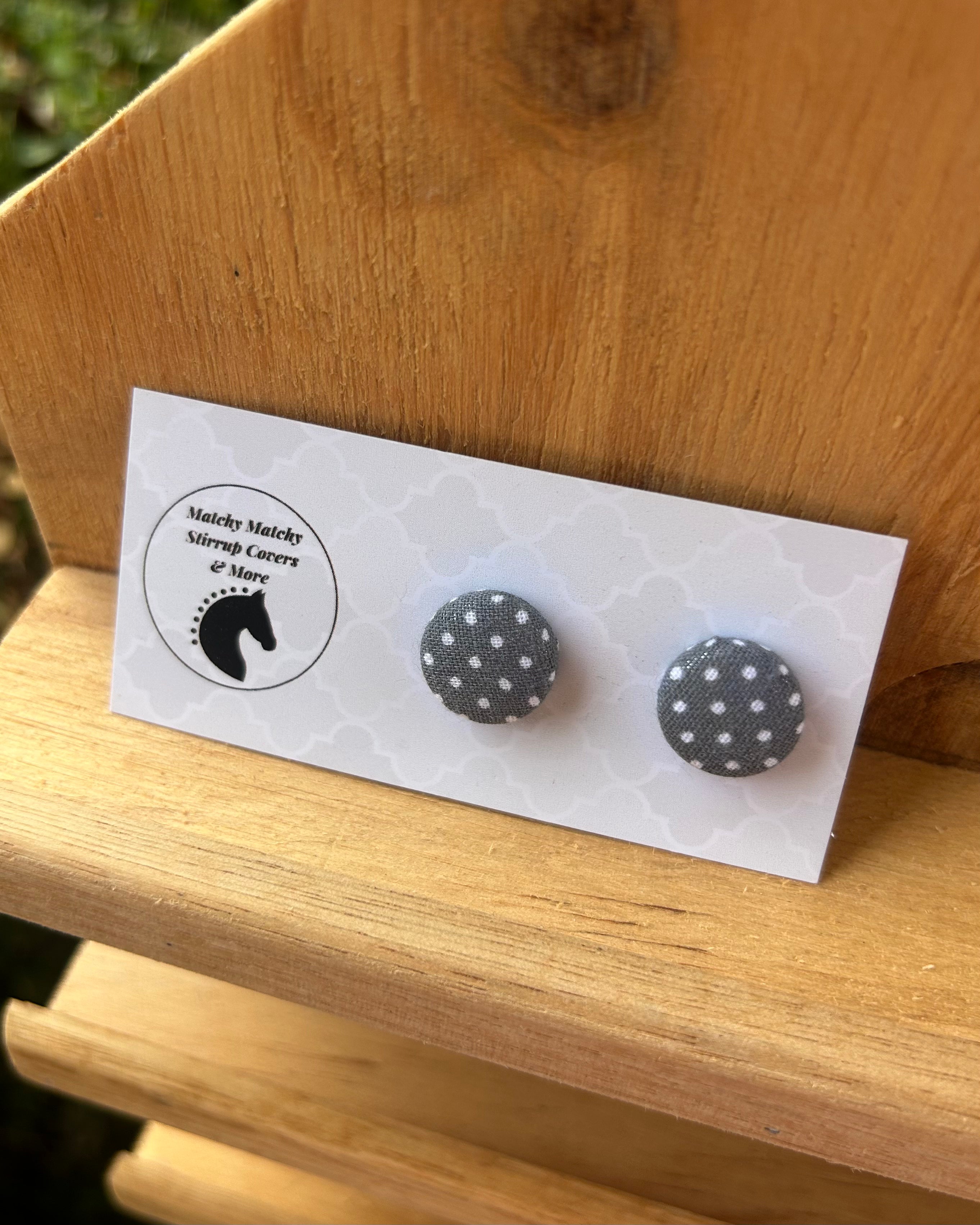 Fabric Button Earrings - Grey Polkadot