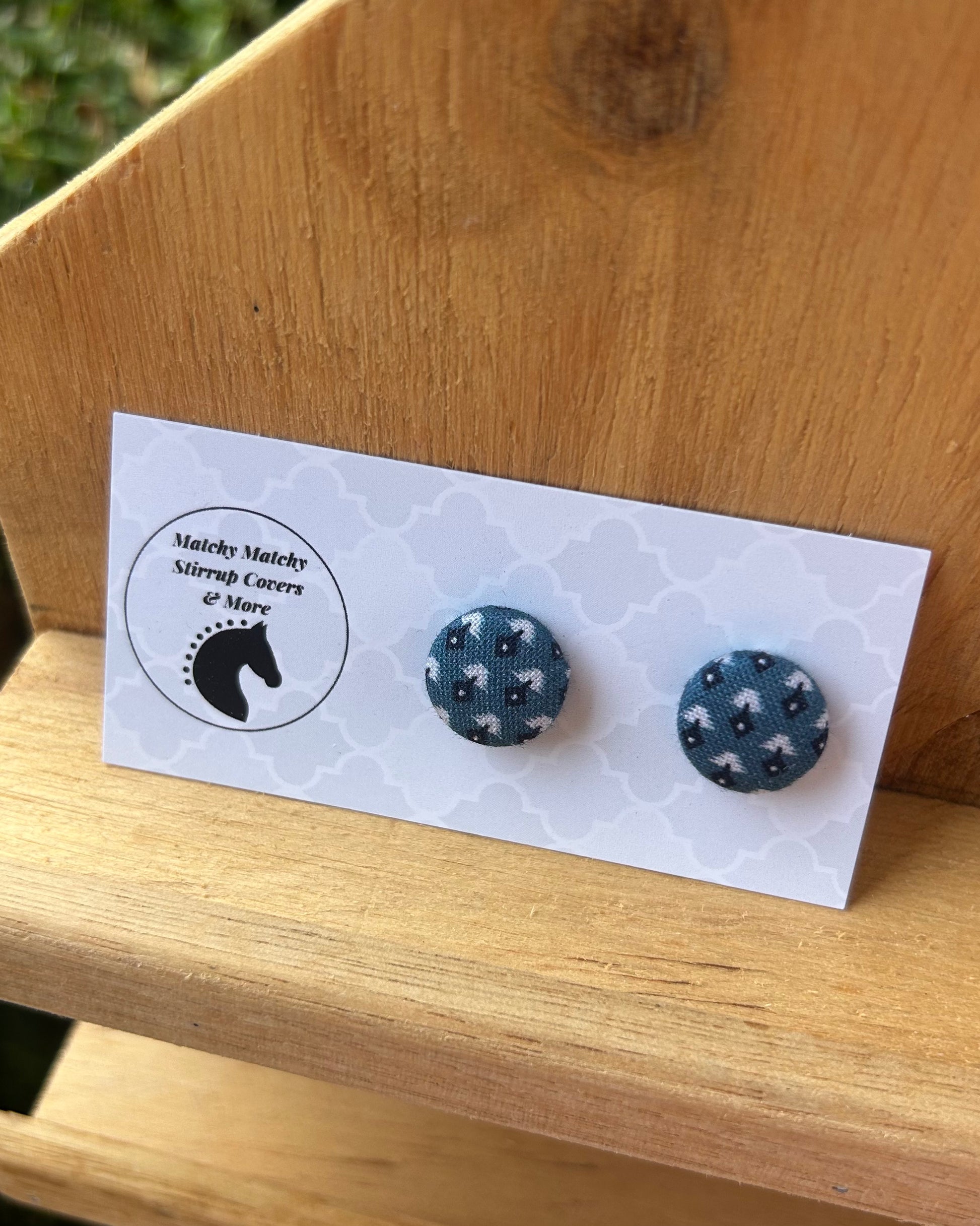 Fabric Button Earrings - Steel Blue