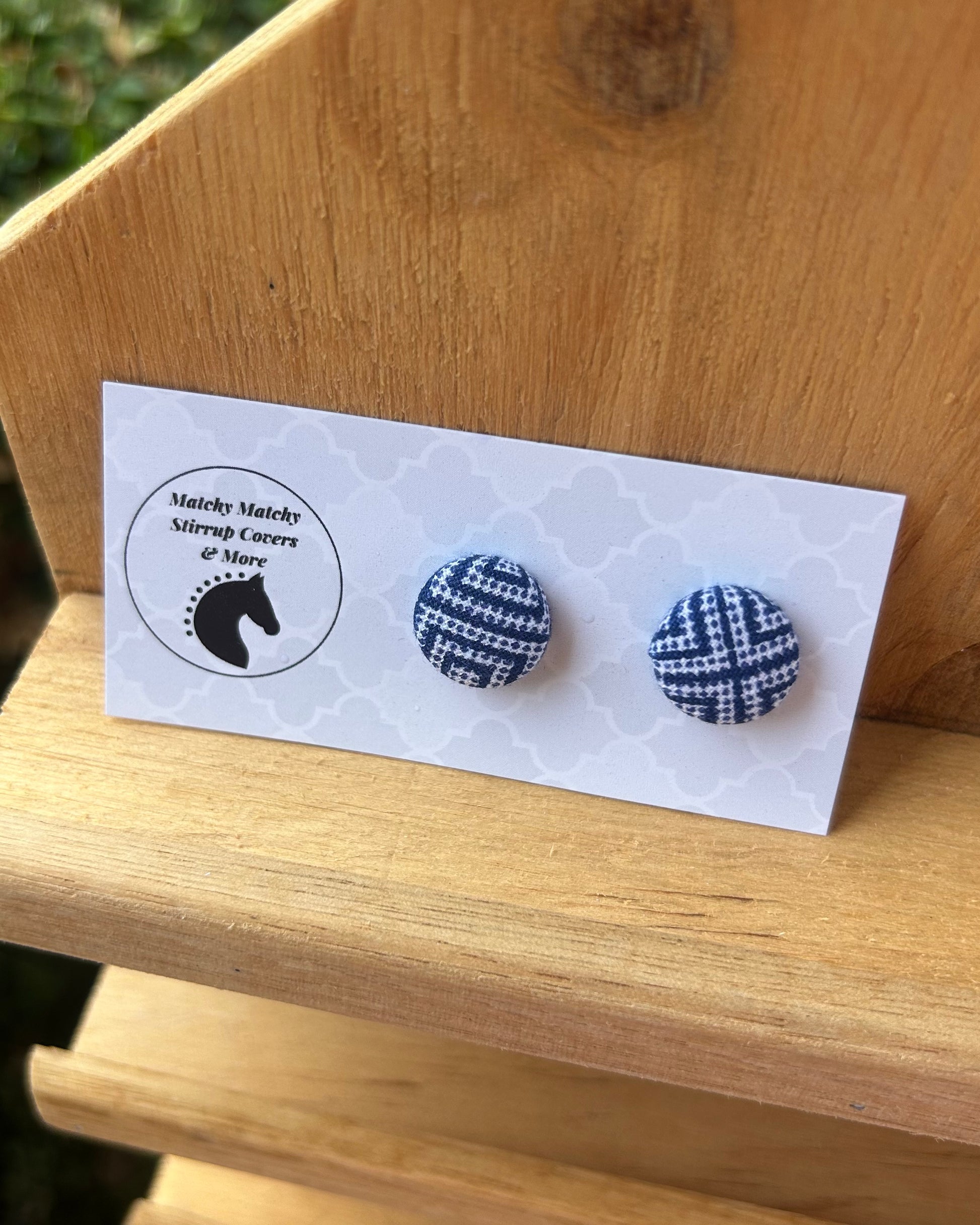 Fabric Button Earrings - Blue Geometric