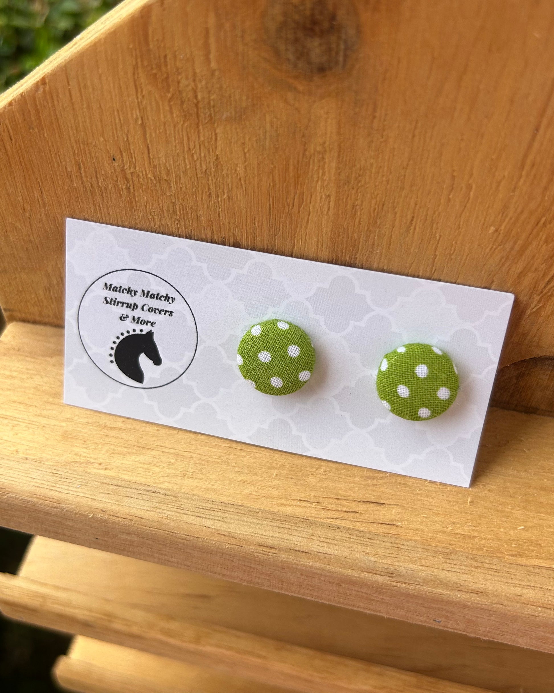 Fabric Button Earrings - Green Polkadot