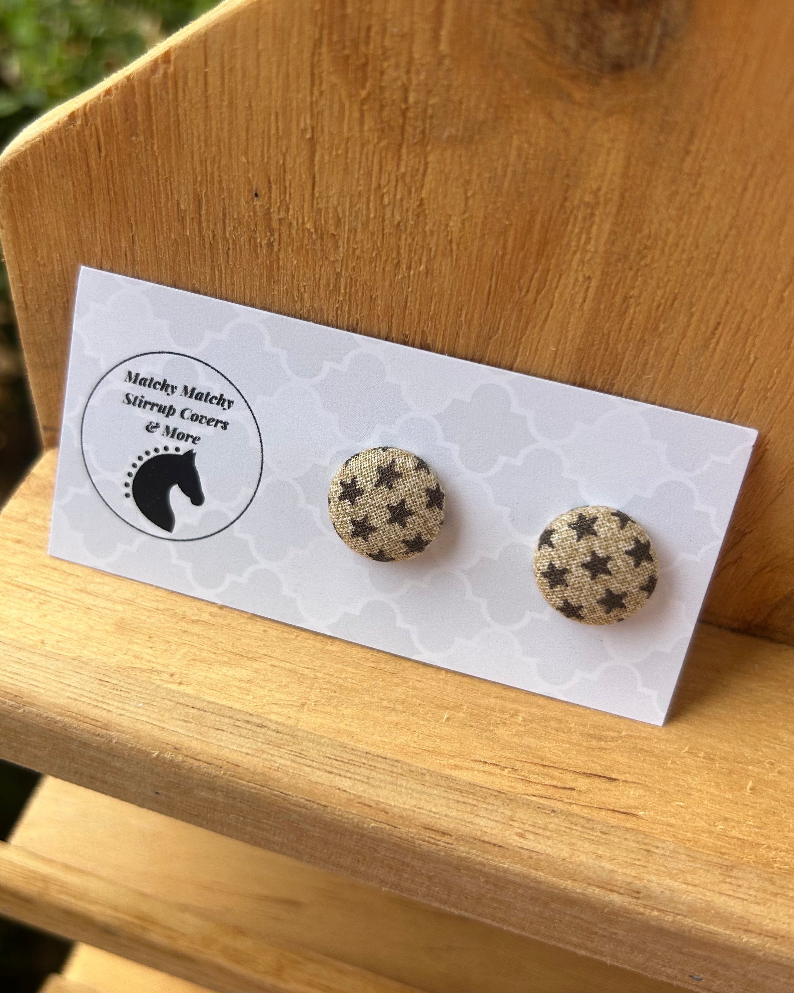 Fabric Button Earrings - Brown Stars